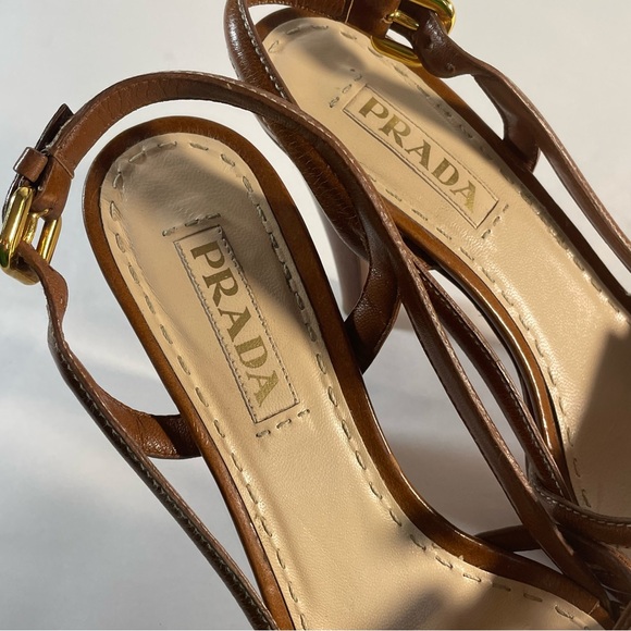 Prada Brown Leather Heeled Sling back Strappy Platform Sandals with bow 38 - Picture 7 of 13